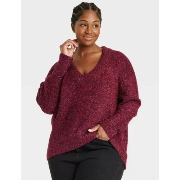 Ava & Viv Sweaters - Ava & Viv Plus 2x Christmas Sweater Red Lurex Fuzzy Sparkle V-Neck NWT (F06)